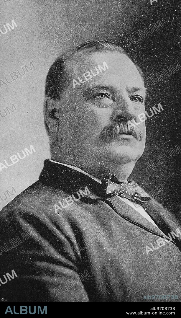 Stephen Grover Cleveland, March 18, 1837 - June 24, 1908, was an American politician and lawyer who was both the 22nd and 24th President of the United States, historic illustration, woodcut.