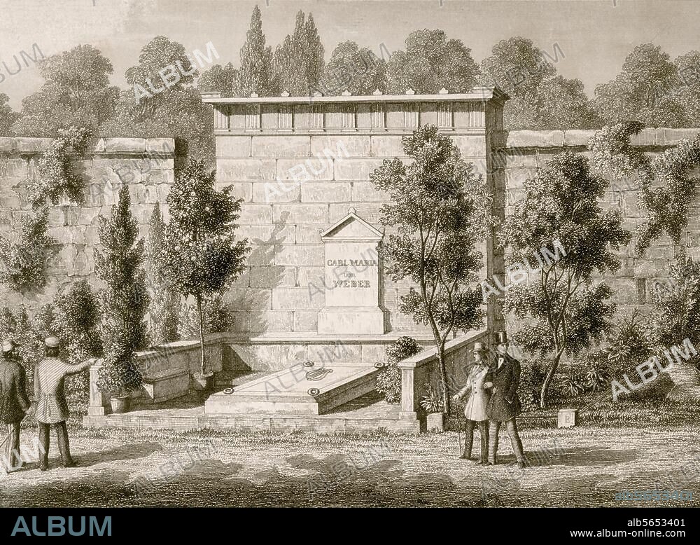 zu: Weber, Carl Maria von Komponist. 1786-1826. "Carl Maria v. Weber's Grabmal auf dem katholischen Friedhof in Dresden". (Entwurf: Gottfried Semper). Stahlstich, um 1850, von G. Krause nach Zeichnung von Gustav Täubert (1817-1913); 10,8 × 15 cm. Berlin, Sammlung Archiv für Kunst und Geschichte.