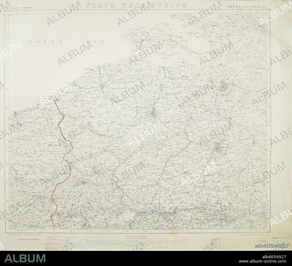 First World War map of north west Europe. Shown in red, is the front line, as of June 27, 1916. North West Europe. Scale, 1: 250,000 ... or 1Â·014 inches to 4 miles. Sheet 1 and part of 4. [Showing] Front line, June 27th, 1916, [from Nieuport to Lens]. [London] : [Geographical Section, General Staff], 1917. 730 x 610 mm.; Scale 1: 250 000. Source: Maps.c.14.g. sheet 1 of 4.