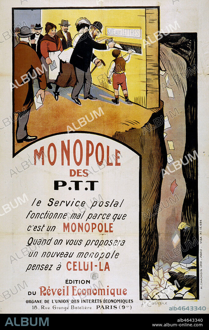 "Monopole des PTT - le service postale fonctionne mal parce que c'est un MONOPOLE. Quand on vous proposera un nouveau monopole, pensez à CELUI-LA." Affiche des années 1910-19.