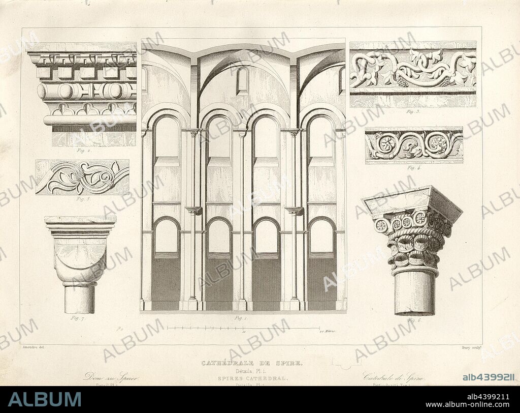 Cathedral of Speyer. Details Pl. 1, Ornaments in Speyer Cathedral, signed: Amoudru del, Bury sculp, Fig. 73, p. 235, Amoudru (del.); Bury, Jean Baptiste Marie (sc.), 1853, Jules Gailhabaud: Monuments anciens et modernes: collection formant une histoire de l'architecture des différents peuples à toutes les époques. Paris: Librairie de Firmin Didot frères, 1853.