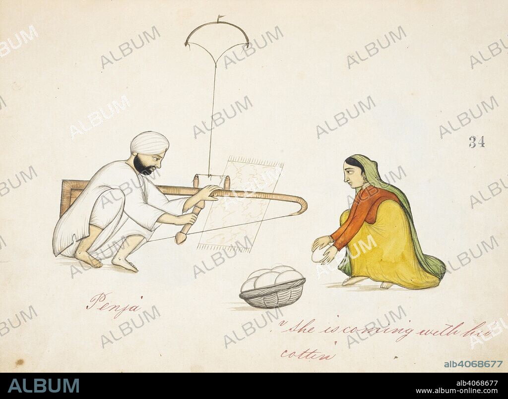 ANON. Carding cotton. c.1860 Punjab style. Watercolour. Inscribed: â€˜Penja. She is coming with his cottin.â€™. Source: Add.Or.1430.