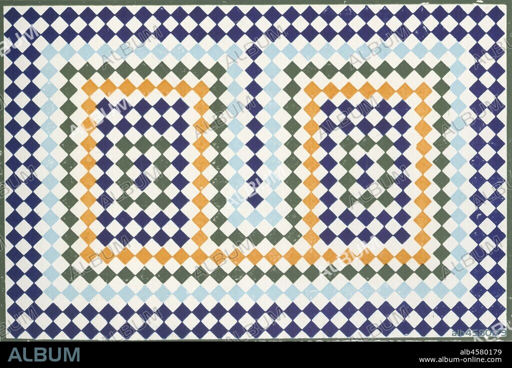 'Mosaics in the Baths', 1907. Intricate geometric patterns on tiles, palace of the Alhambra, Granada, Spain, which mainly dates from the 14th century. Colour plate 57 from "The Alhambra: being a brief record of the Arabian conquest of the Peninsula with a particular account of the Mohammedan architecture and decoration" by Albert F. Calvert. [John Lane, London & New York, 1907].