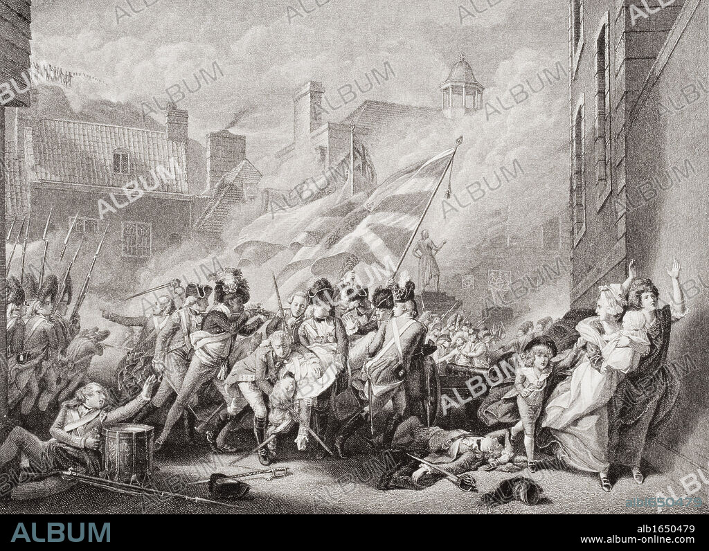 The death of Major Peirson at St. Heliers and re-taking of Jersey from the French 8 January 1781. Engraved by J J Crew after J S Copley. From the book 'Illustrations of English and Scottish History' Volume II.