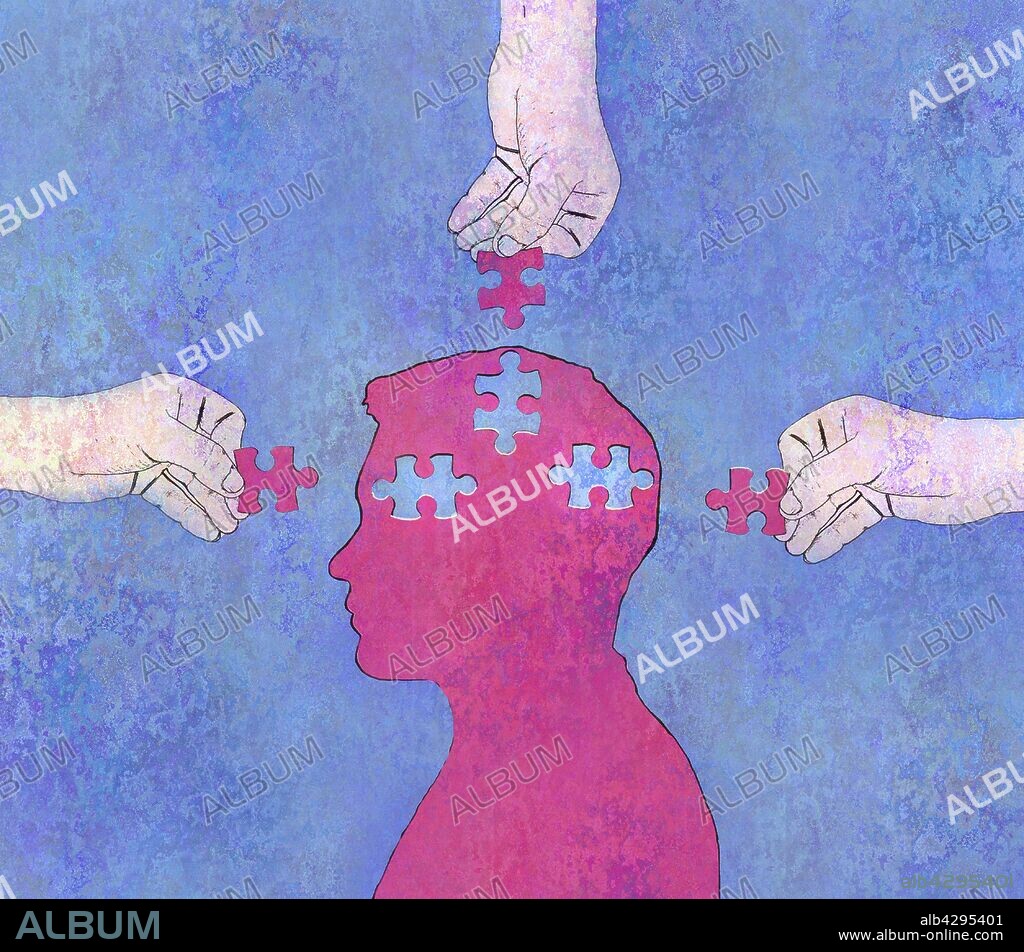 Hands completing jigsaw puzzle inside of man's head.
