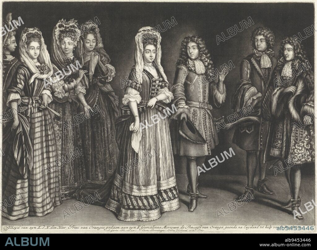 Prince William III bids farewell to his wife for his journey to England, 11 November 1688. Stadholder William III (right) and his wife, Mary Stuart, are central against a sober black background. To the right of the prince two gentlemen and to the left of the Princess four ladies, Prince William III bids farewell to his wife on his journey to England, 1688 Ofscheyd of his wife K.d.H. the Lord Prince of Orange, in the guise of his wife K. Gemalinne Mevrouwe de Princesse van Orange, who went after England to help the Protestants., print maker: Jacob Gole, (mentioned on object), publisher: Jacob Gole, (mentioned on object), Staten van Holland en West-Friesland, (mentioned on object), Amsterdam, 1688 - 1693, paper, engraving, h 257 mm × w 345 mm.