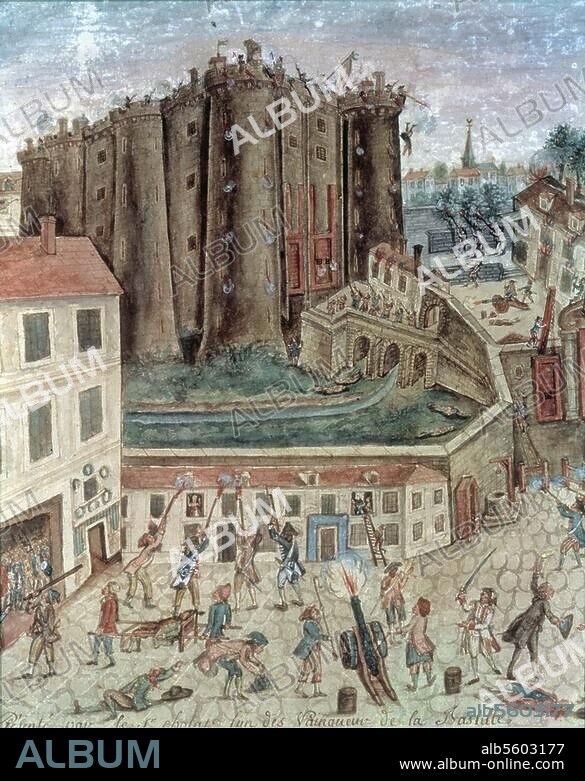 ANONYMOUS. French Revolution:. the Storming of the Bastille, 14 July. 1789. Contemp. water colour, based on the account of the storming by Lieutenant Cholat. (Detail). Paris, Musée Carnavalet.