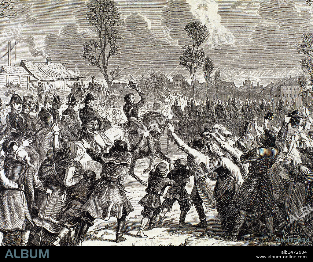 HISTORIA DEL IMPERIO NAPOLEONICO (S. XVIII). GUERRAS NAPOLEONICAS. "ENTUSIASMO DE LOS POLACOS AL LLEGAR LAS TROPAS FRANCESAS A VARSOVIA". Durante la época napoleónica, dicha ciudad siendo capital del ducado de Varsovia, recuperó su importancia de épocas anteriores. Grabado.