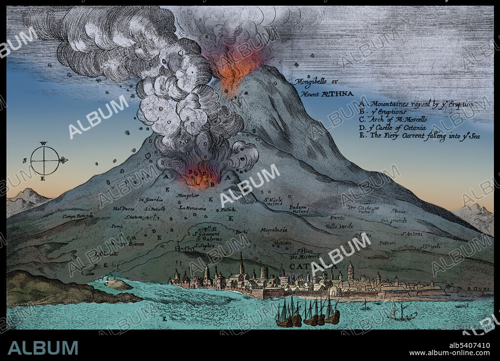 Entitled: "A true and exact relation of the late prodigious earthquake and eruption of Mount Etna; as it came in a letter written to His Majesty from Naples by the Right Honorable the Earle of Winchilsea, His Majesties late ambassador at Constantinople, who was an eye-witness of that dreadfull spectacle. 1669." Mount Etna is an active stratovolcano on the east coast of Sicily, Italy. Etna's most destructive eruption since 122 BC started on March 11, 1669 and produced lava flows that destroyed at least 10 villages on its southern flank before reaching the city walls of the town of Catania five weeks later. The lava was largely diverted by these walls into the sea to the south of the city, filling the harbor of Catania.