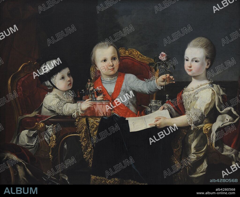 Giuseppe Baldrighi (1723-1803). Pintor italiano. Tres príncipes niños, hijos de Don Fernando duque de Parma, hacia 1775. Óleo sobre lienzo, 0,85 x 1,10 m. Real Academia de Bellas Artes de San Fernando. Madrid. España.