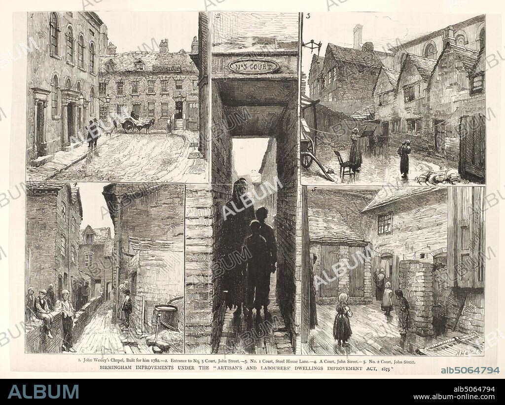 Birmingham Improvements Under The 'Artisan's and Labourers' Dwellings Improvement Act. 1875' Newspaper Engraving of Housing Courts in John Street, Steel House Lane and of John Wesley's Chapel. Taken from the Illustrated Weekly Newspaper Vol XIV No.368 Saturday December 16th 1876., Topographical Views, Birmingham history, Social history, Council housing.