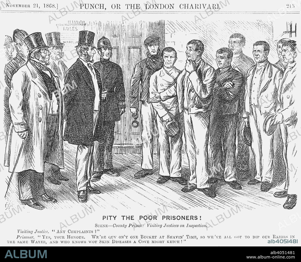 'Pity The Poor Prisoners?', 1868. A satirical look at the state of the nation's prisons in the mid-Victorian period. Here, a group of lower-class prisoners, probably enjoying, (in the view of Mr Punch), rather better living conditions than they might outside prison, complain about the standard of the shaving facilities provided and the possibility of skin diseases. Mr Punch would have little sympathy for such complaints. From Punch, or the London Charivari, November 21, 1868.
