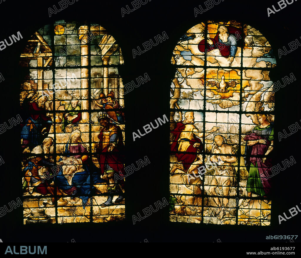 TEODORO DE HOLANDA Y JUAN DEL CAMPO-VIDRIEROS. VIDRIERAS DE LA CAPILLA MAYOR DE LA CATEDRAL DE GRANADA - EPIFANIA Y BAUTISMO DE JESUS - SIGLO XVI.