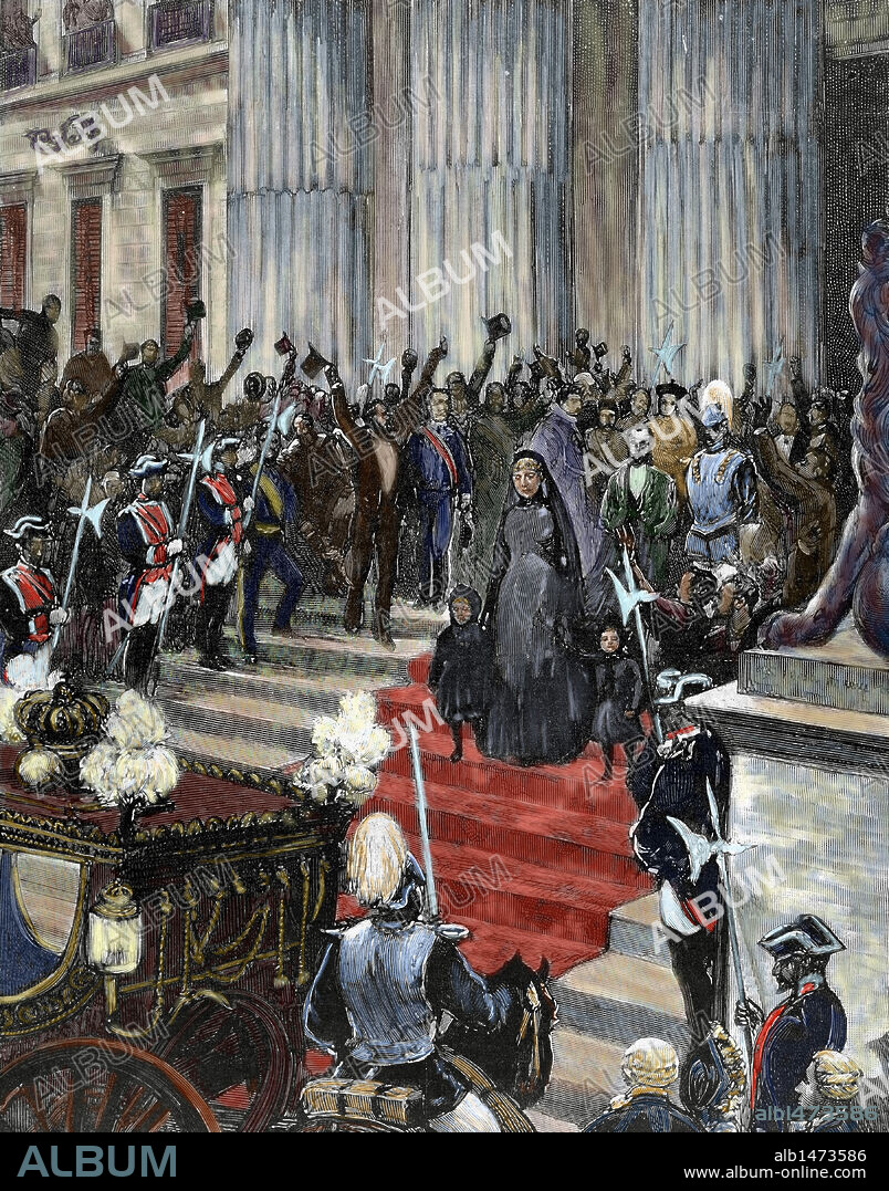 HISTORIA DE ESPAÑA. SIGLO XIX. REGENCIA DE MARIA CRISTINA DE HABSBURGO-LORENA (1885-1902), madre del futuro Alfonso XIII. "S. M LA REINA REGENTE SALIENDO DEL CONGRESO ". Regente de España de 1885-1902 por su matrimonio con Alfonso XII de Borbón. Grabado coloreado de "La Ilustración Española y Americana" (1886) .