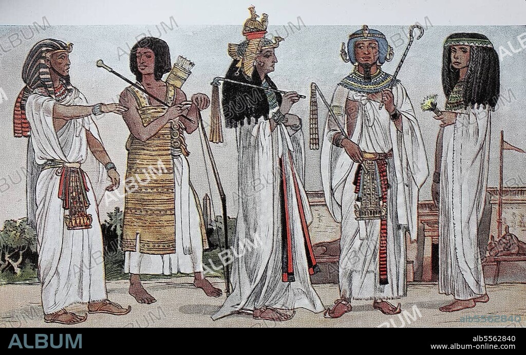 Clothing in Ancient Egypt, New Kingdom 1600-1100 BC from left, the king wearing the Uraeus Serpent headdress, a servant or runner of the king, Queen of the 19th Dynasty, a king wearing a blue wig, diadem with Uraeus Serpent, artificial beard, collar, belt jewellery and two kelts, and a princess wearing a wig and ribbon, digitally enhanced reproduction of a 19th century illustration