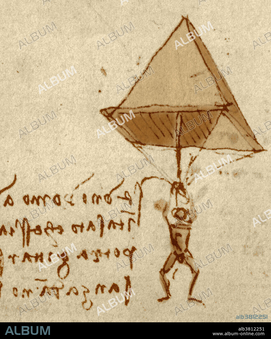 The earliest evidence for the parachute dates back to the Renaissance period. The oldest parachute design appears in an anonymous manuscript from 1470s Renaissance Italy, showing a free-hanging man clutching a cross bar frame attached to a conical canopy. Shortly after, a more sophisticated parachute was sketched by the polymath Leonardo da Vinci in his Codex Atlanticus, 1485. Da Vinci's scale of the parachute is in a more favourable proportion to the weight of the jumper. His canopy was held open by a square wooden frame, which alters the shape of the parachute from conical to pyramidal. According to the historian of technology Lynn White, these conical and pyramidal designs, much more elaborate than early artistic jumps with rigid parasols in Asia, mark the origin of the parachute as we know it. This image has been colour-enhanced.