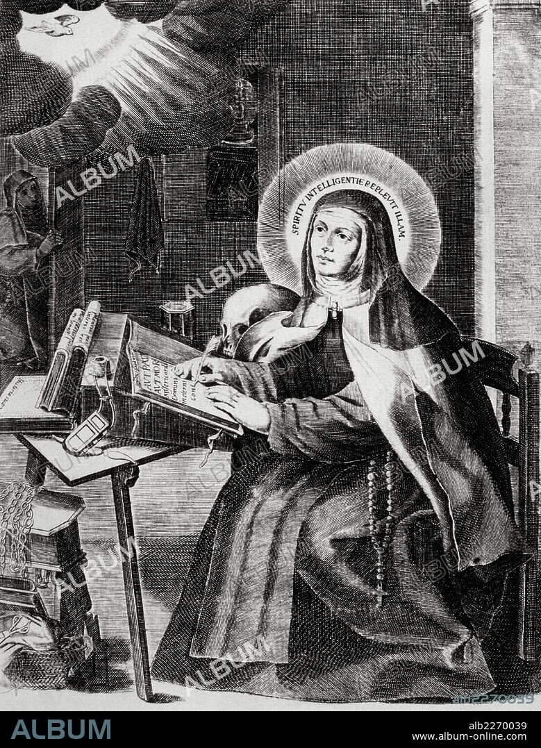 TERESA DE JESUS, Santa (Avila,1515-Alba de Tormes 1582). Reformadora religiosa de la orden carmelitana. Con ella el misticismo occidental alcanza su máxima expresión humana. Grabado.