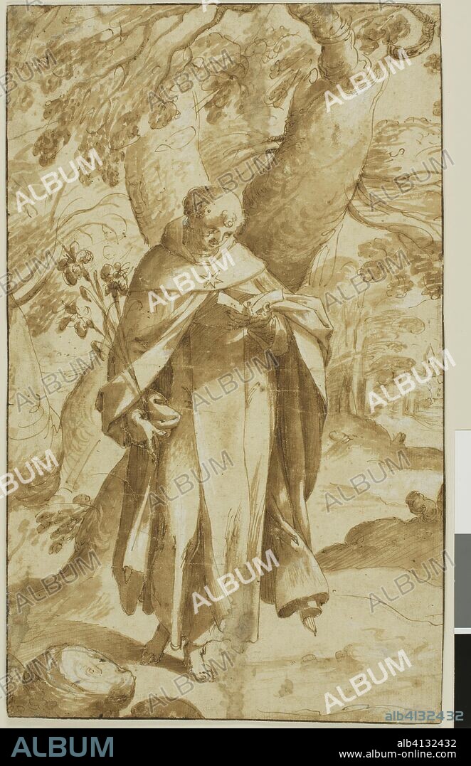Saint Dominic Reading. Bartholomaeus Spranger; Flemish, 1546-1611. Date: 1568-1578. Dimensions: 306 × 186 mm. Pen and brown ink and brush and brown wash with touches of opaque white watercolor over traces of black chalk on cream laid paper. Origin: Flanders.