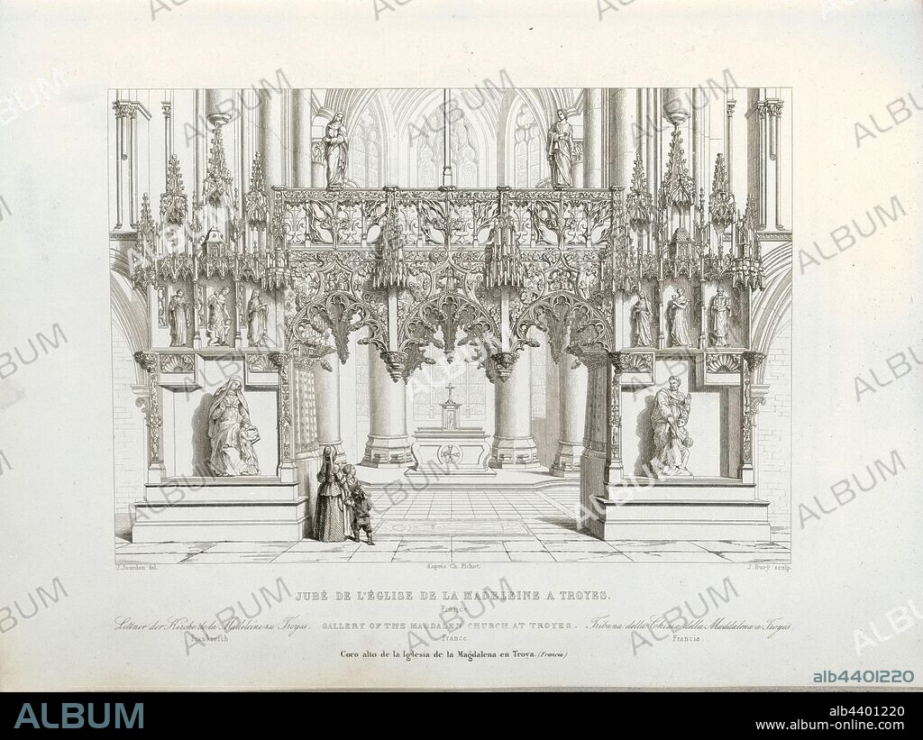 Jube of the church of the Madeleine in Troyes. France, Lettner in the church Sainte-Madeleine in Troyes, signed: J. Jourdan del, J. Bury sculp, Pl., 71, Jourdan, Jean Marie (del.); Bury, Jean Baptiste Marie (sc.), 1853, Jules Gailhabaud: Monuments anciens et modernes: collection formant une histoire de l'architecture des différents peuples à toutes les époques. Paris: Librairie de Firmin Didot frères, 1853.
