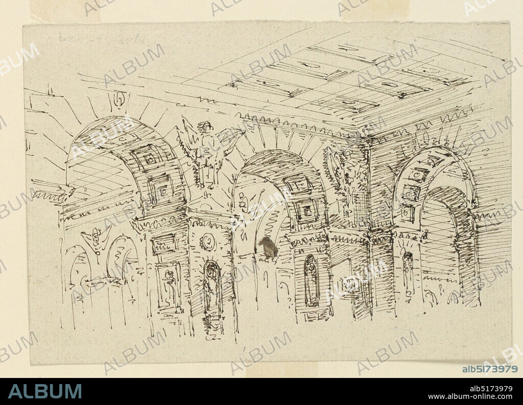 Stage Design, Palace Interior, Pen and bistre ink on paper, Horizontal rectangle. Interior of palace hall with detailed arches, sculptures. Verso: Oriental buildings., Italy, early 19th century, theater, Drawing, Drawing.