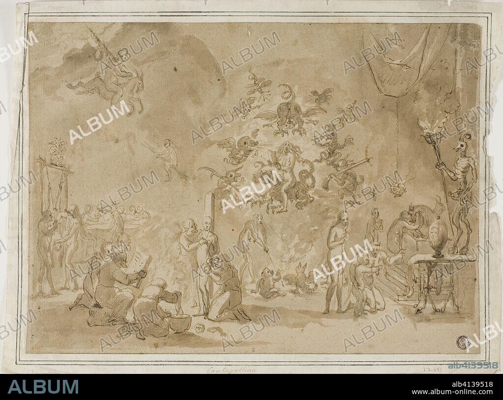DAVID TENIERS DER JÜNGERE. Scene of Witchcraft and Devil Worship. Attributed to David Teniers the Younger (Flemish, 1610-1690); or Remigio Cantagalina (Italian, 1582-1656). Date: 1635-1690. Dimensions: 248 × 338 mm. Pen and brown ink with brush and brown wash, over traces of black chalk, on brown laid paper, laid  down on ivory laid paper. Origin: Flanders.