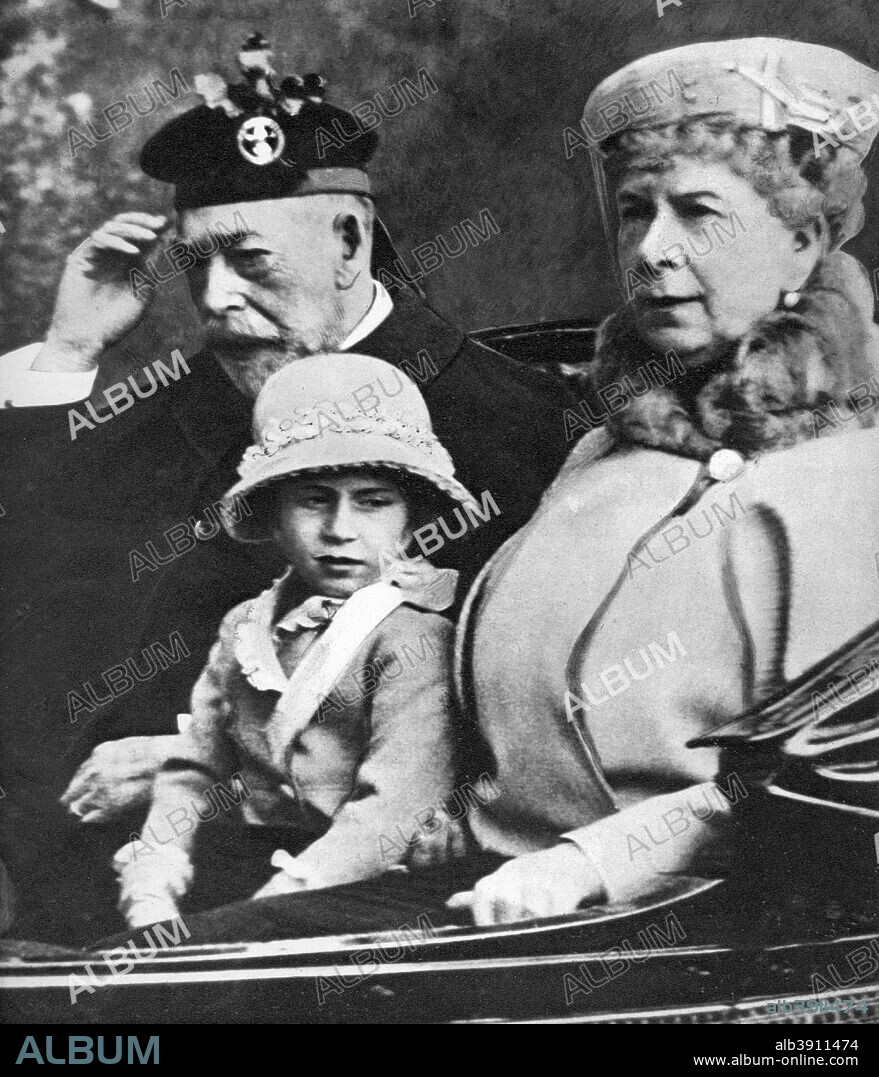 King George V and Queen Mary with Princess Margaret driving to church, Balmoral, c1930s. Illustration from George V and Edward VIII, A Royal Souvenir, by FGH Salusbury, a souvenir book published as Edward VIII was crowned following the death of his father, George V, (Daily Express Publication, London, 1936).