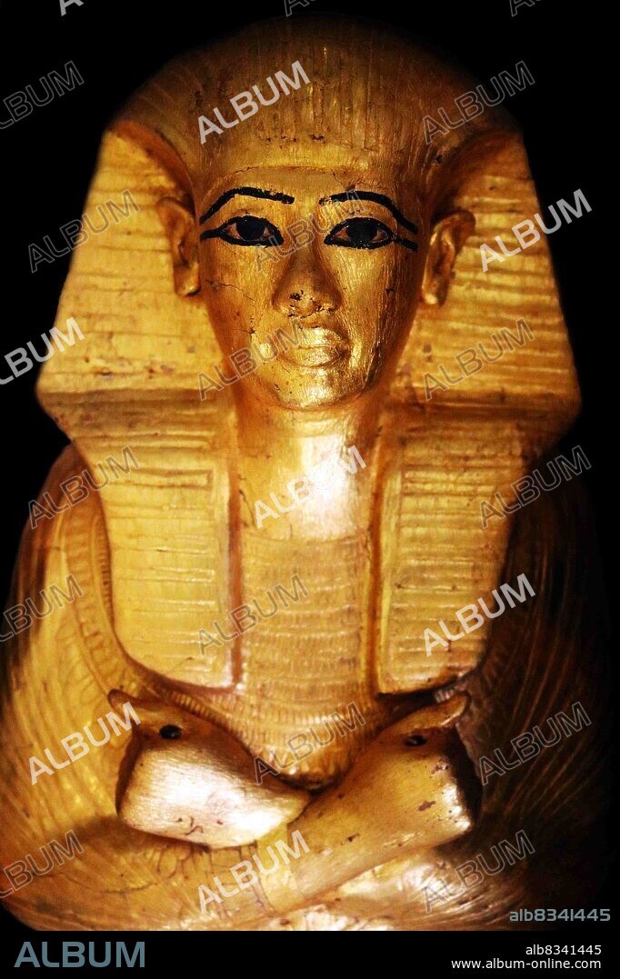 Small coffin contained lock of hair of Queen Tiy. Queen Tiye (c. 1398 BC - 1338 BC) was the daughter of Yuya and Tjuyu. She became the Great Royal Wife of the Egyptian pharaoh Amenhotep III. She was the mother of Akhenaten and grandmother of Tutankhamun.