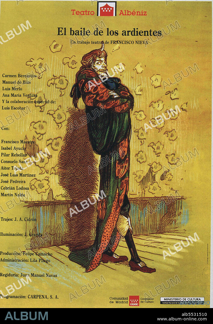 TEATRO. CARTEL PUBLICITARIO DE LA OBRA " EL BAILE DE LOS ARDIENTES " DE FRANCISCO NIEVA EN EL TEATRO ALBENIZ DE MADRID.