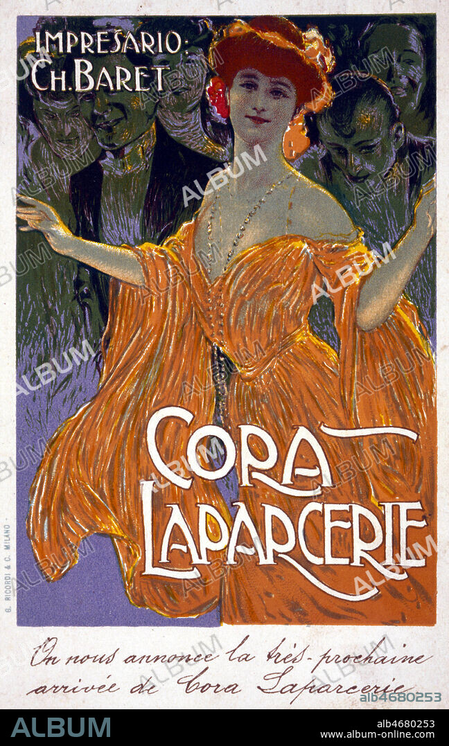 'Cora LAPARCERIE, impresario Ch. Baret. On nous annonce la tres prochaine arrivee de Cora Laparcerie'. Credit : Collection KHARBINE-TAPABOR.