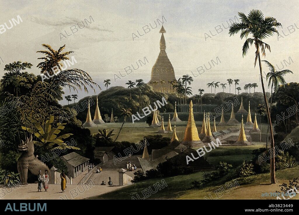 "Dagon pagoda, near Rangoon, Burma." (Yangon, Myanmar.) Colored aquatint by William Daniell after James Kershaw, c. 1831. The Shwedagon Pagoda, officially named Shwedagon Zedi Daw and also known as the Great Dagon Pagoda and the Golden Pagoda, is a gilded stupa located in Yangon, Myanmar. This pagoda is the most sacred Buddhist pagoda in Myanmar, as it is believed to contain relics of the four previous Buddhas of the present kalpa.