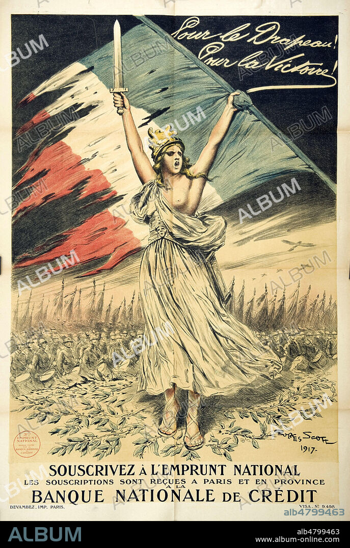 'Pour le drapeau, pour la victoire, souscrivez a l'emprunt national, banque nationale de credit'. Illustration anonyme (illisible) pour une affiche de la guerre 14-18 (1917). Credit : Collection IM/KHARBINE-TAPABOR.