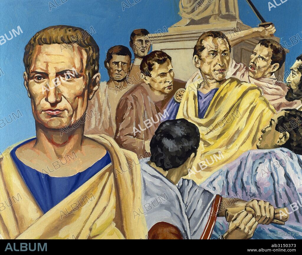 Julius Caesar (100-44 BC). Roman politician and General. Murder of Caesar victim of a republican conspiracy. Drawing by Francisco Fonollosa, late 20th century. Watercolour painting.