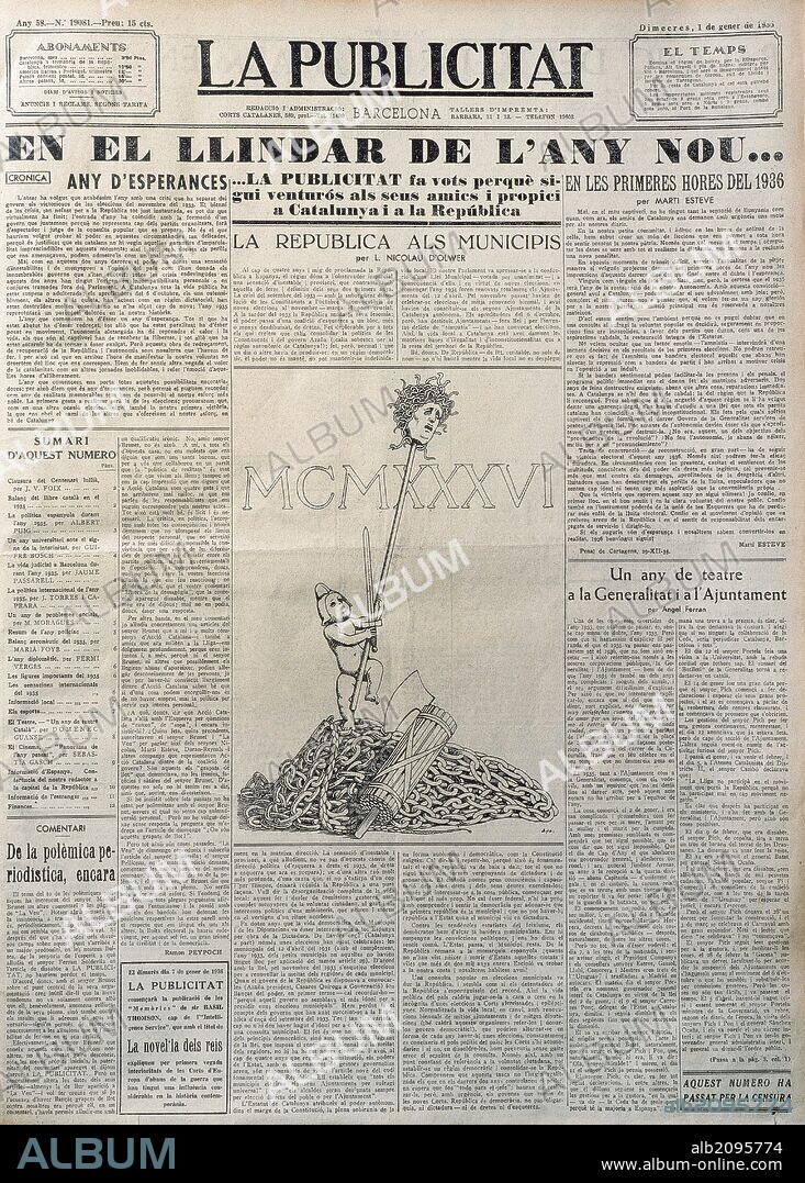 PRENSA ESPAÑOLA. CATALUÑA. SIGLO XX. "LA PUBLICITAT". Año 58, nº 19081. Periódico de Barcelona (1 de Enero de 1936) .