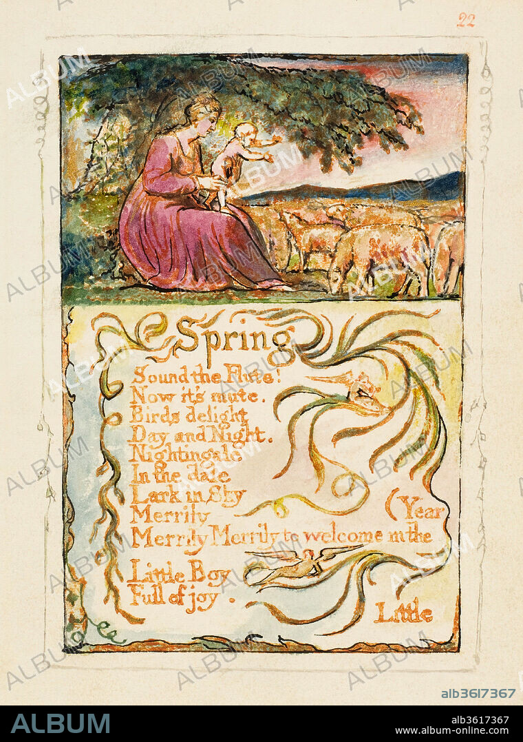 Songs of Innocence and of Experience: Spring. Artist: William Blake (British, London 1757-1827 London). Dimensions: sheet: 6 3/16 x 5 9/16 in. (15.7 x 14.1 cm). Date: ca. 1825.