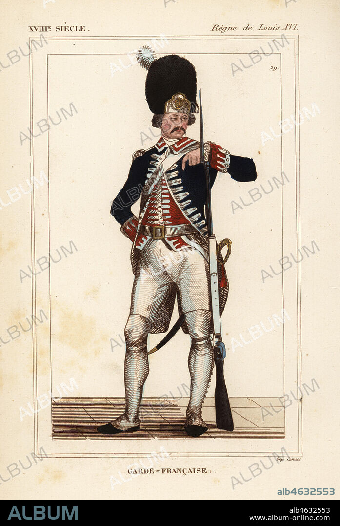 Military uniform of the French Guards, Garde-Francaise, 1789. Handcoloured lithograph from Le Bibliophile Jacob aka Paul Lacroix's Costumes Historiques de la France (Historical Costumes of France), Administration de Librairie, Paris, 1852.