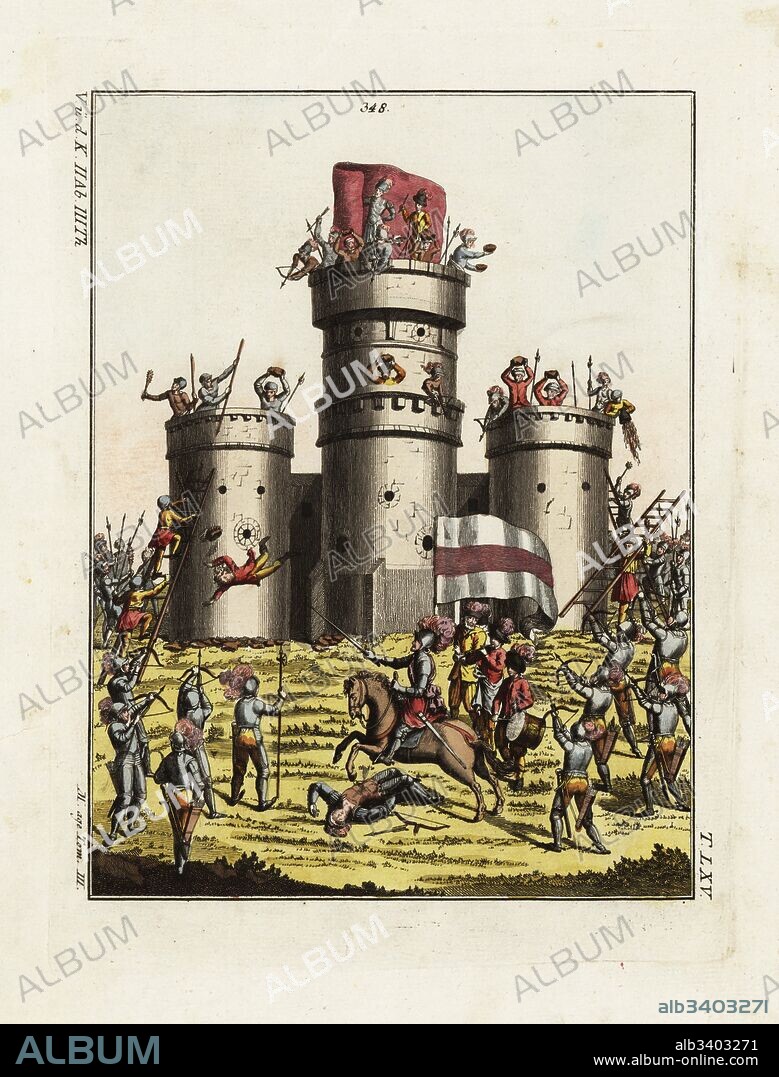 Siege of a medieval castle. Knights in armour, archers and soldiers on ladders storm a castle defended by soldiers throwing rocks and boiling oil. From a manuscript of tournaments in the collection of HRE Maximilian I. Handcoloured copperplate engraving from Robert von Spalart's Historical Picture of the Costumes of the Principal People of Antiquity and of the Middle Ages, Chez Collignon, Metz, 1810.