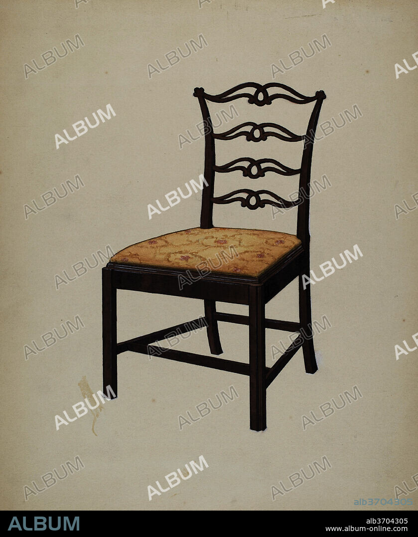 EDWARD A. DARBY. Chippendale Chair. Dated: 1935/1942. Dimensions: overall: 30.9 x 24.2 cm (12 3/16 x 9 1/2 in.)  Original IAD Object: 20 1/2" x 38" (back).  17" x 21 1/2", front.. Medium: watercolor, colored pencil, pen and ink, graphite and some heightening on paperboard.