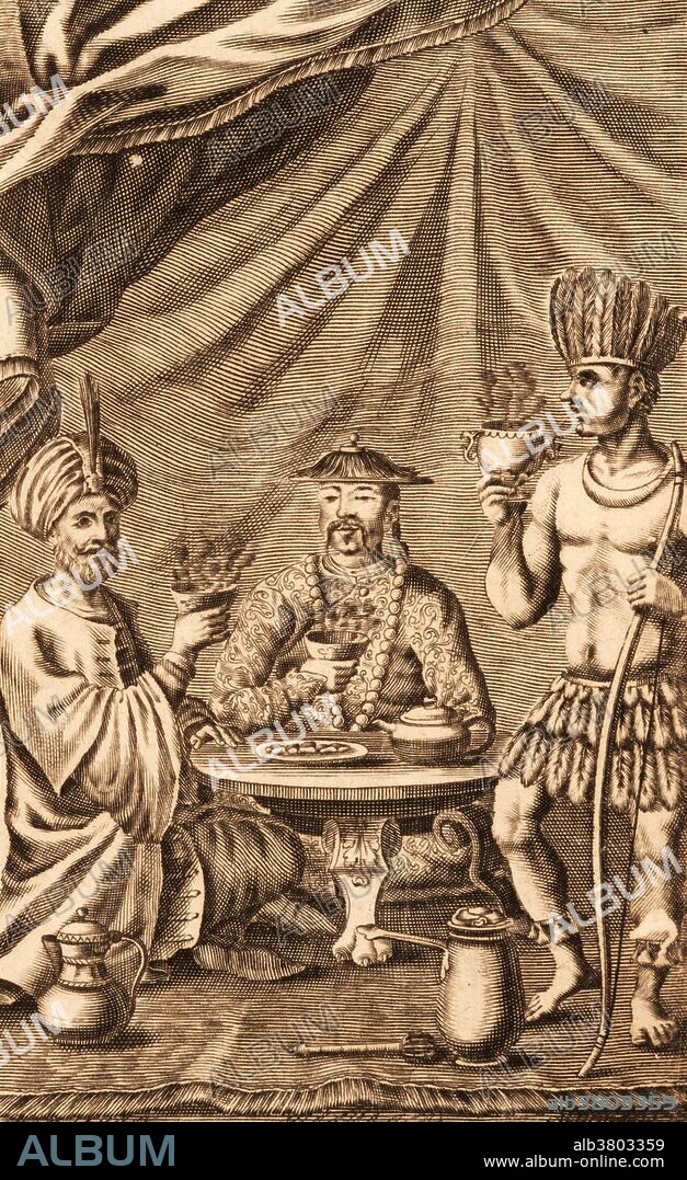 Frontispiece to "The Uses of Coffee, Tea and Chocolate" by Philippe Sylvestre Dufour, first published in 1671. This image, from the 1685 edition, shows stereotyped figures of a Middle Eastern man in Ottoman dress drinking coffee, a Chinese man drinking tea, and an indigenous Mexican drinking hot chocolate. Coffee and tea were imported into Europe from the Middle East and China, respectively, starting in the 1600s. Columbus brought cacao beans back to Spain in the early 1500s; imports on a large scale began after the Spanish conquest of the Aztecs.