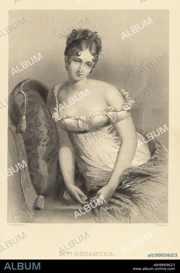 Madame Recamier, Jeanne Françoise Julie Adélaïde Récamier, 1777-1849. Known as Juliette, French socialite whose salon drew people from the leading literary and political circles of early 19th-century Paris. After a portrait by François Gérard. Steel engraving by F. Halpin after an illustration by Jules Champagne from Frank B. Goodrichs The Court of Napoleon or Society under the First Empire, J. B. Lippincott, Philadelphia, 1875.
