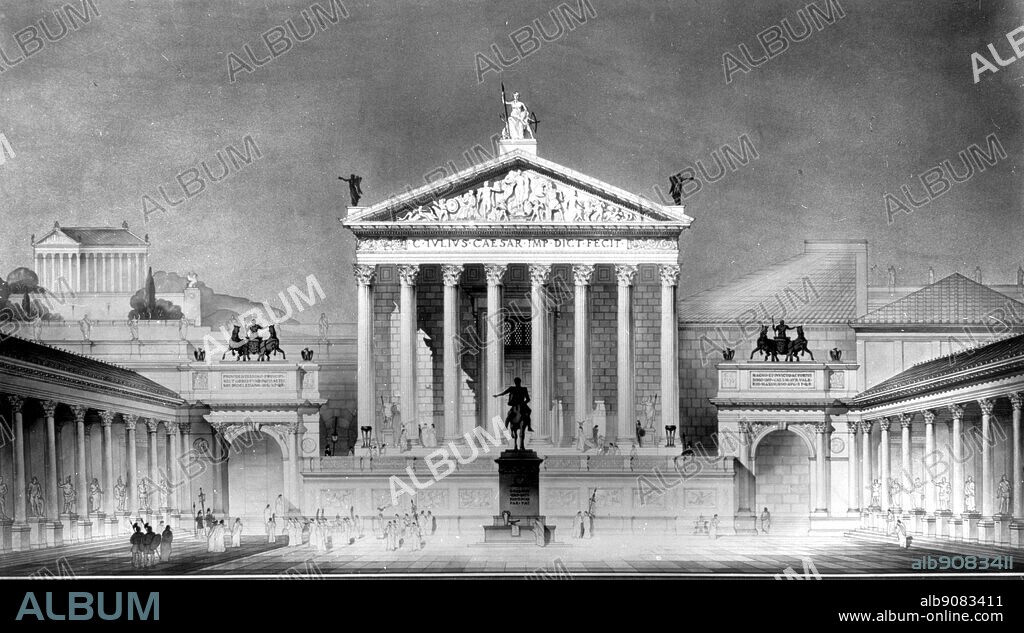 The Forum Julii, the square and market built by Julius Caesar, with the temple of Venus Genetrix, Rome; from a reconstruction by Olindo Grossi.