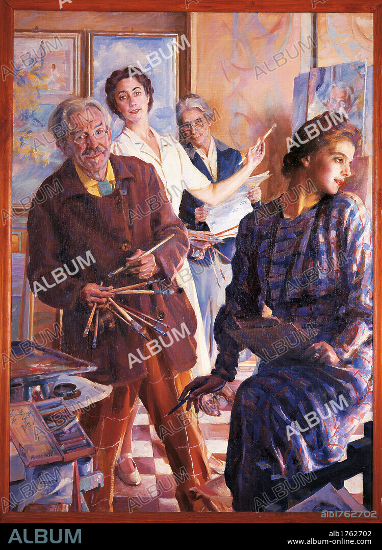 Four in the Mirror, by Giacomo Balla, 1945-1946, 20th Century, oil on canvas, cm 140 x 100. Italy, Lazio, Rome, Private Collection. All. Self portrait artist brushes box of oil paints easel jacket orange checked trousers yellow shirt on the right model two female figures in background.  Please remember that author's rights have to be cleared for modern and contemporary works of arts.