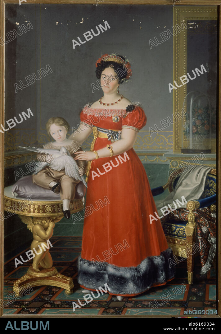 LUIS DE LA CRUZ Y RÍOS. MARIA FRANCISCA DE ASIS DE BRAGANZA ESPOSA DE CARLOS MARIA ISIDRO DE BORBON CON SU HIJO JUAN CARLOS DE BORBON - 1824.