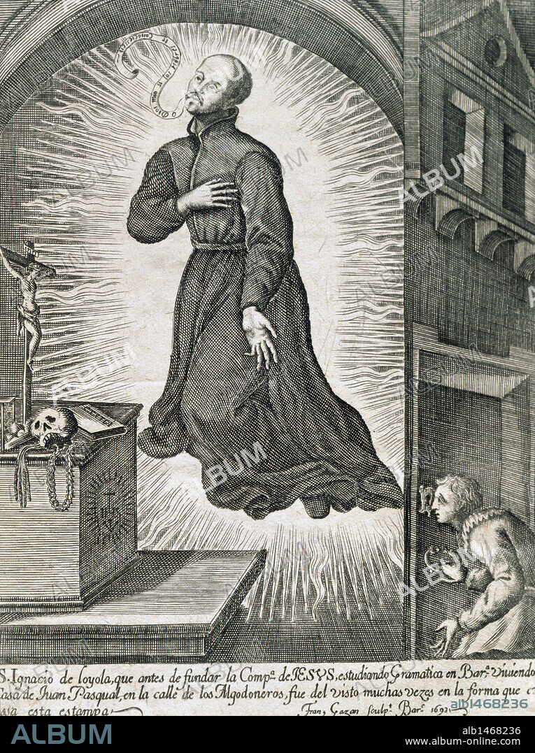 IGNACIO DE LOYOLA, San (Iñigo López de Loyola). (Loyola-Azpeitia, 1491-Roma, 1556). Fundador de la Compañía de Jesús (1537). Fue canonizado en 1622. "SAN IGNACIO LEVITANDO". Grabado del año 1693.
