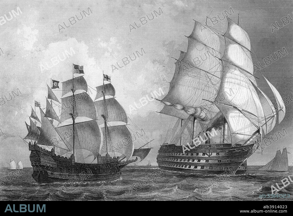 The 'Great Harry', man of war, the largest ship in the world during the reign of Henry VIII, c1857. The ship, properly named the 'Henry Grace a Dieu', is contrasted with HMS 'Royal Albert', of 131 guns, launched at Woolwich in 1854. From England's Battles by Sea and Land, volume IV, by Lieutenant Colonel William Freke Williams, published by the London Printing and Publishing Company, 1857.