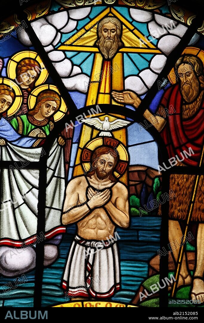 Stained glass window depicting Jesus's baptism, Holy Trinity Cathedral.
