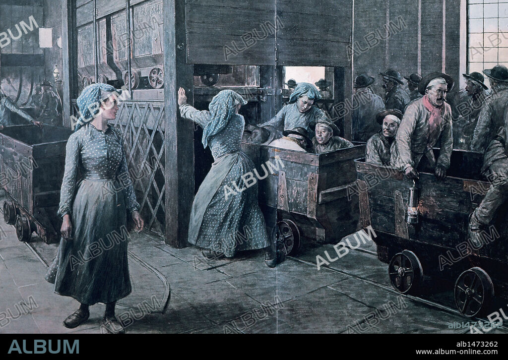 ECONOMIA. FRANCIA. Año 1903. MINAS DE CARBON donde mujeres y chicas jóvenes trabajaban en los montacargas por el que asciende el mineral de carbón. Por el pañuelo que llevaban en la cabeza eran llamadas "MOULINEUSES". Dibujo de la época.