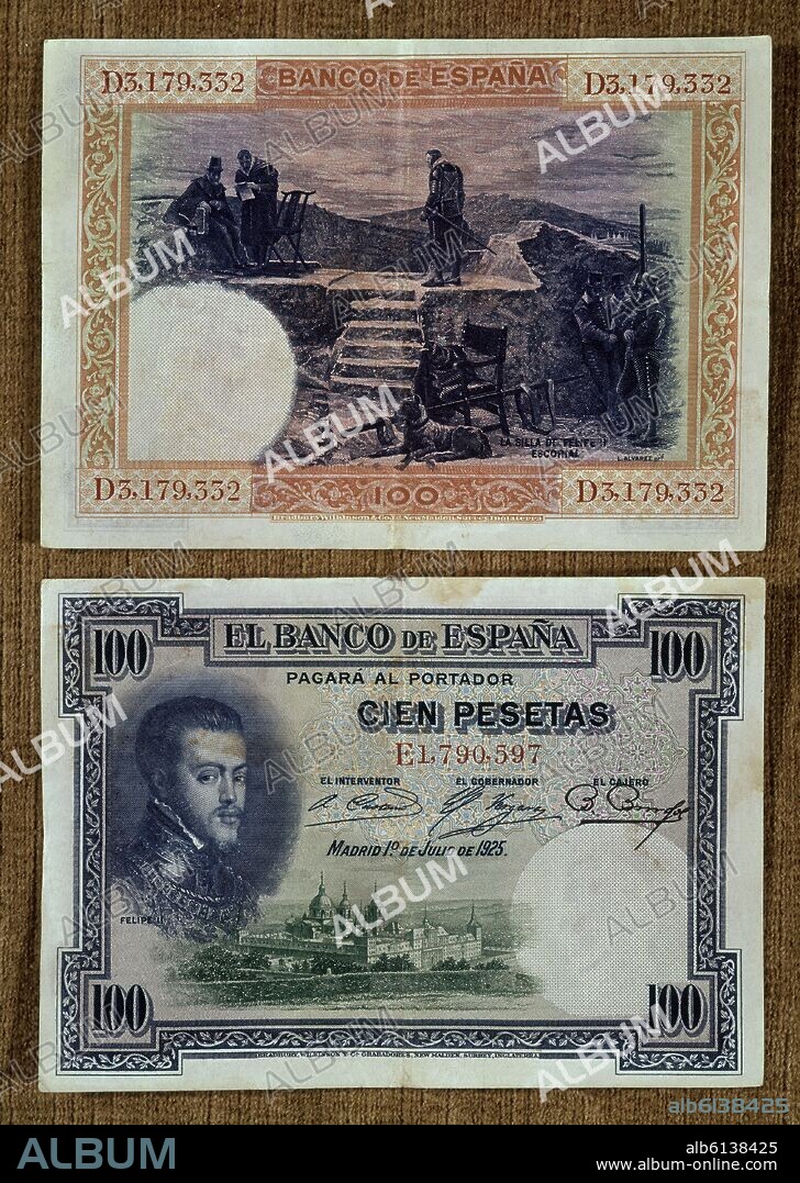 BILLETE DE 100 PESETAS DE 1925-ANVERSO Y REVERSO (CONMEMORACION A FELIPE II).