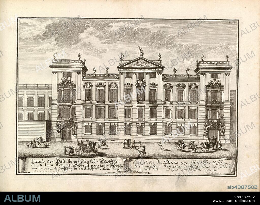 Facade of the palace which ... Exell. Ioan. Wenceslaus Graff von Gallas ... to build Prague in the Alt-Statt, Facade of a palace of Count Ioan., Wenceslaus built in the Old Town of Prague was estimated from the 18th century, date;, signed: J. B. Fischer v., E. inv. Et al., J.A. Delsenbach sculpsit, TA., VIII, p. 182, Fischer von Erlach, Johann Bernhard (inv. et del.); Delsenbach, Johann Adam (sculp.), Johann Bernhard Fischer von Erlach: Entwurff einer historischen Architectur, in Abbildung unterschiedener berühmten Gebäude, des Alterthums, und fremder Völcker, umb aus den Geschichtbüchern, Gedächtnüsz-Müntzen, Ruinen, und eingeholten wahrhafften Abriszen, vor Augen zu stellen [...]. Viertes Buch. Wien, 1721.