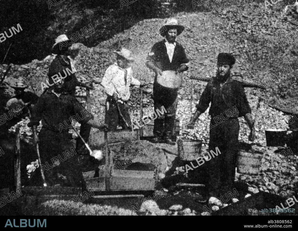 Daguerreotype shows six miners displaying the tools of their trade: pan, cradle, and long tom, at at an unidentified California location, 1850. The California Gold Rush (1848-55) began on January 24, 1848, when gold was found by James Marshall at Sutter's Mill in Coloma, California. The news of gold brought some 300,000 people to California from the rest of the US and abroad. Half arrived by sea and half came from the east overland on the California Trail and the Gila River trail. The gold-seekers, called "forty-niners", often faced substantial hardships on the trip. At first, the gold nuggets could be picked up off the ground. Later, gold was recovered from streams and riverbeds using simple techniques, such as panning. More sophisticated methods were developed and later adopted elsewhere. At its peak, technological advances reached a point where significant financing was required, increasing the proportion of gold companies to individual miners. Gold worth tens of billions of today's dollars was recovered, which led to great wealth for a few. However, many returned home with little more than what they had started with.