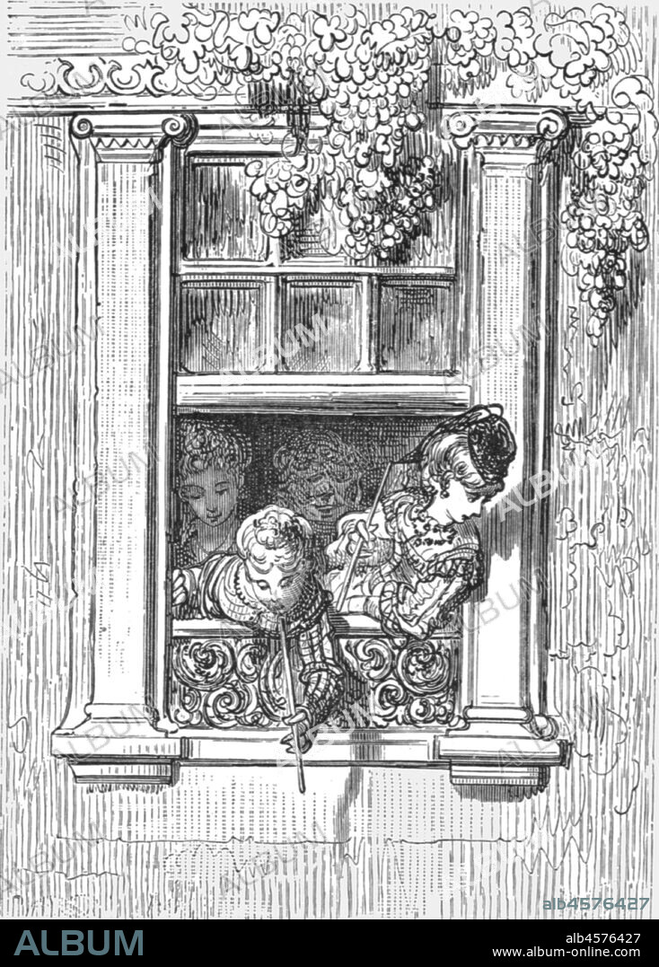 PAUL GUSTAVE DORÉ. 'A Balcony Scene', 1872. Children lean out of an ornate balcony window. From, "LONDON. A Pilgrimage" by Gustave Dore and Blanchard Jerrold. [Grant and Co., 72-78, Turnmill Street, E.C., 1872].